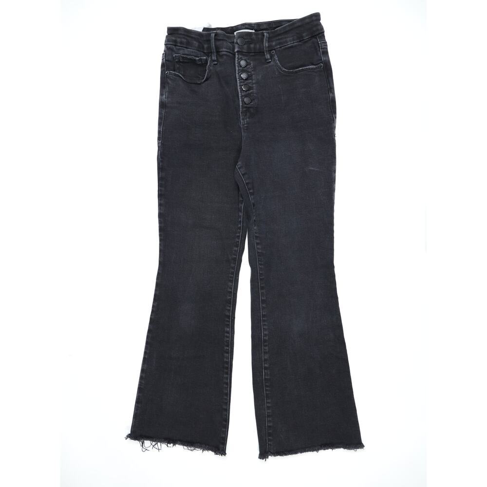 Good American Washed Black High Rise Button Fly Flare Jeans Raw Hem Size 6/28 - Picture 4 of 16